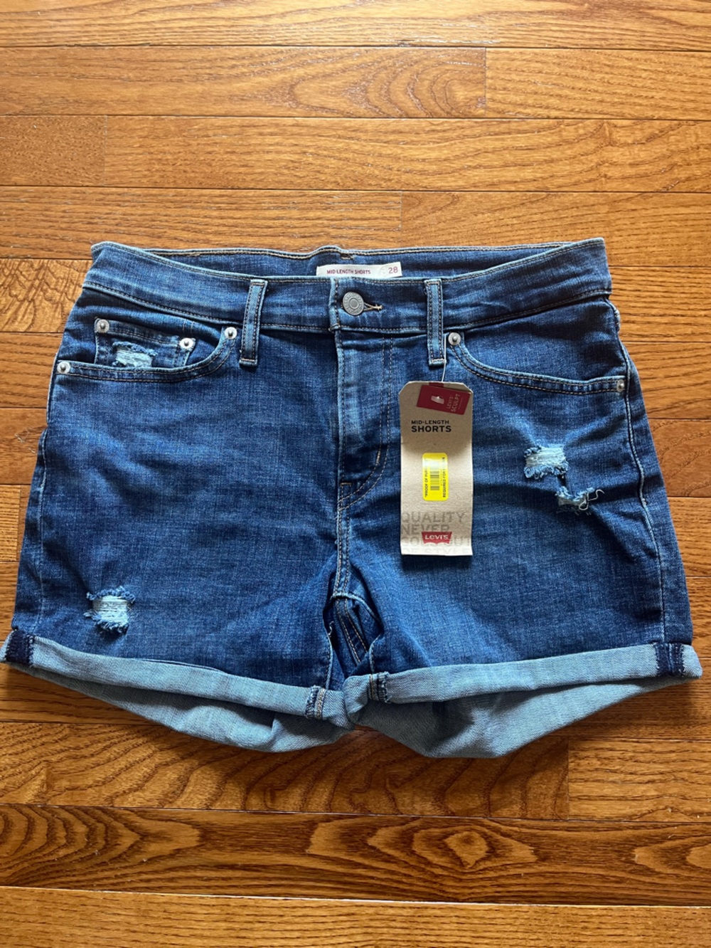Levi's Dark Blue Distressed Denim Roll-Cuff Shorts